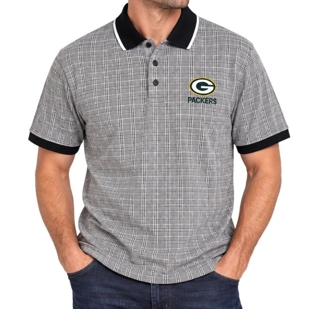 Vintage Dynasty Black White Grid Green Bay Packers Polo Shirt Men's Large